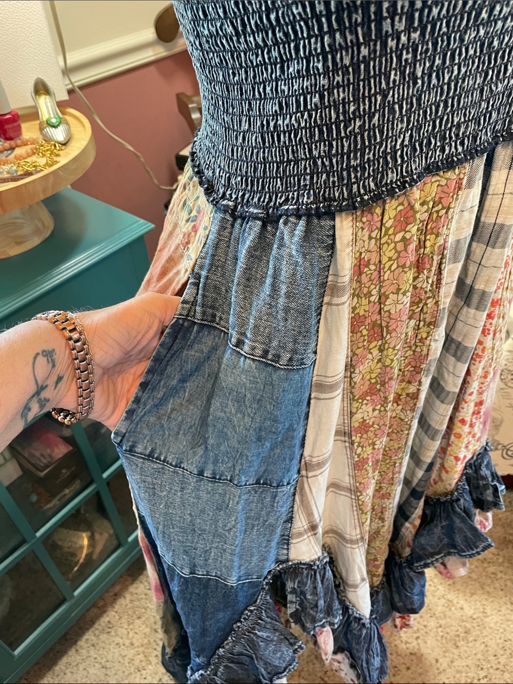 Smocked Denim Bohemian Patchwork Midi Dress in Blue Young Threads - Picture 8 of 17